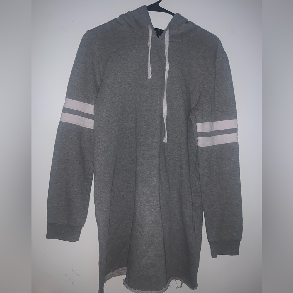 Grey Sweater Dress with no pockets and white strips on the arms